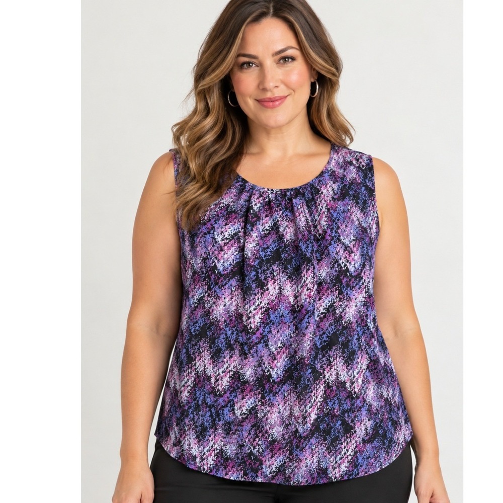 2/$30 Tahari Arthur S. Levine 1X Purple Abstract Print Sleeveless Pleated Blouse
